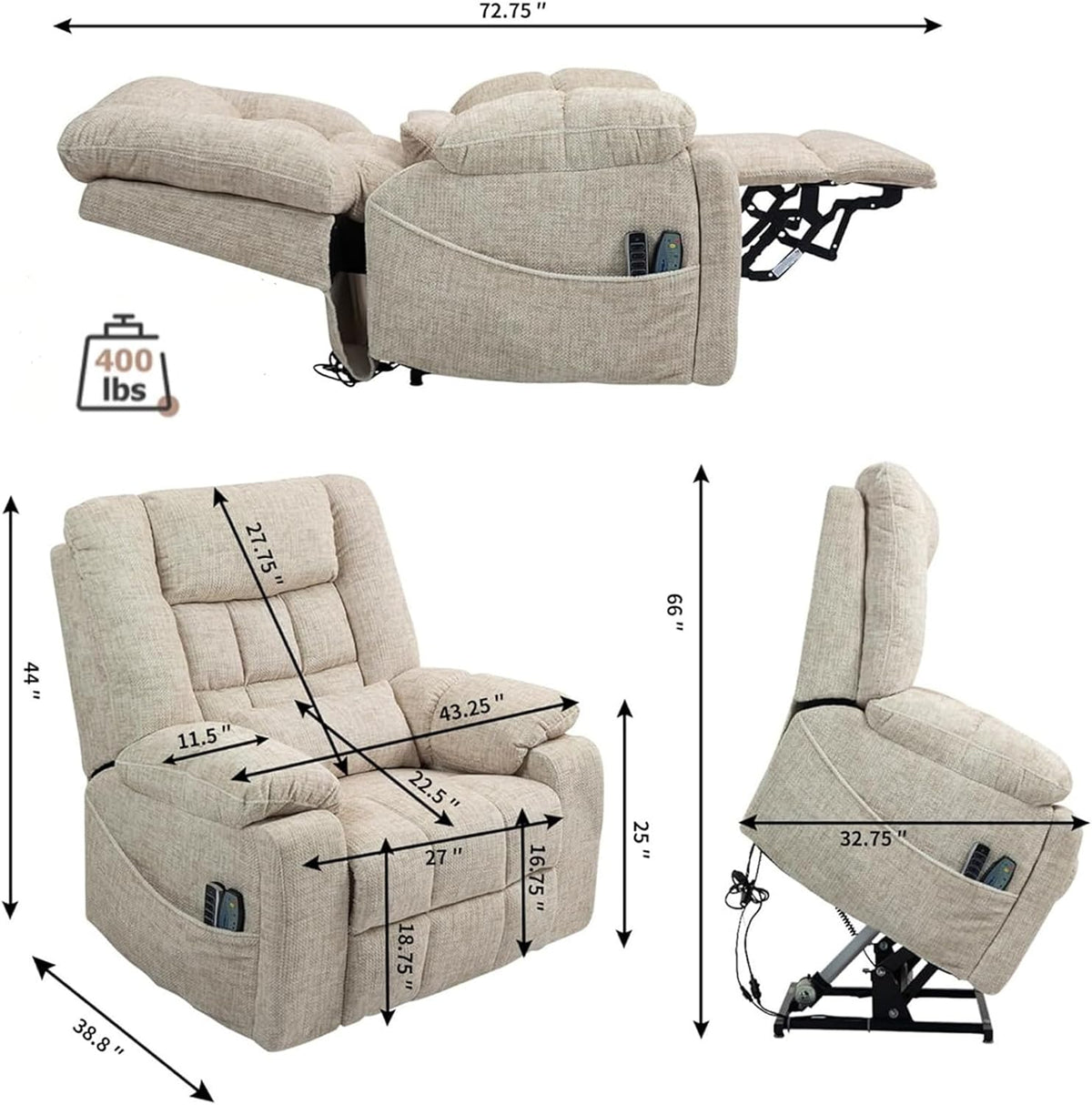 Lift chair dimensions diagram for Atlas Lift Chair - Brown