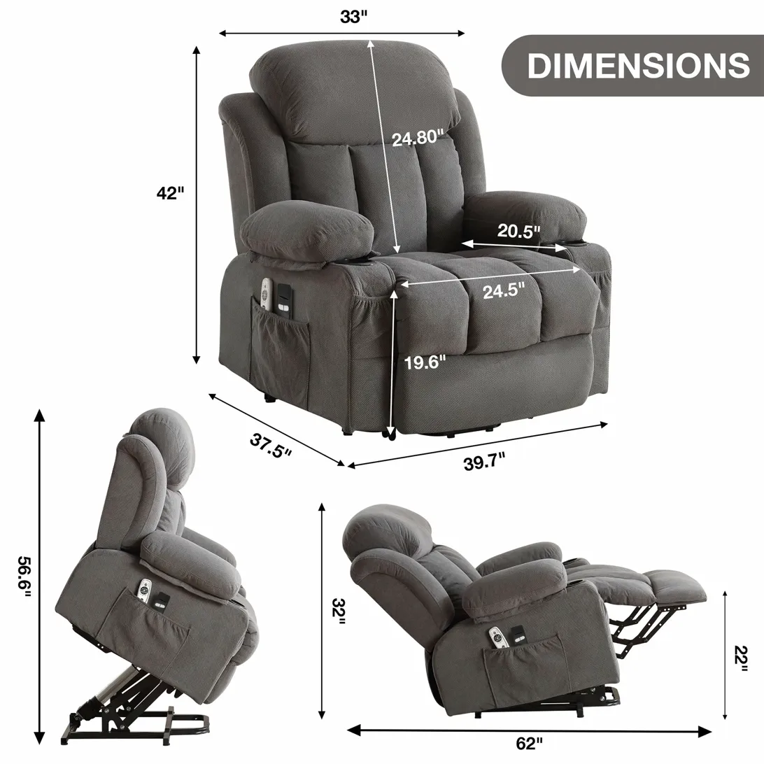 Lift chair dimensions diagram for Drew 1 v2 - Light Brown