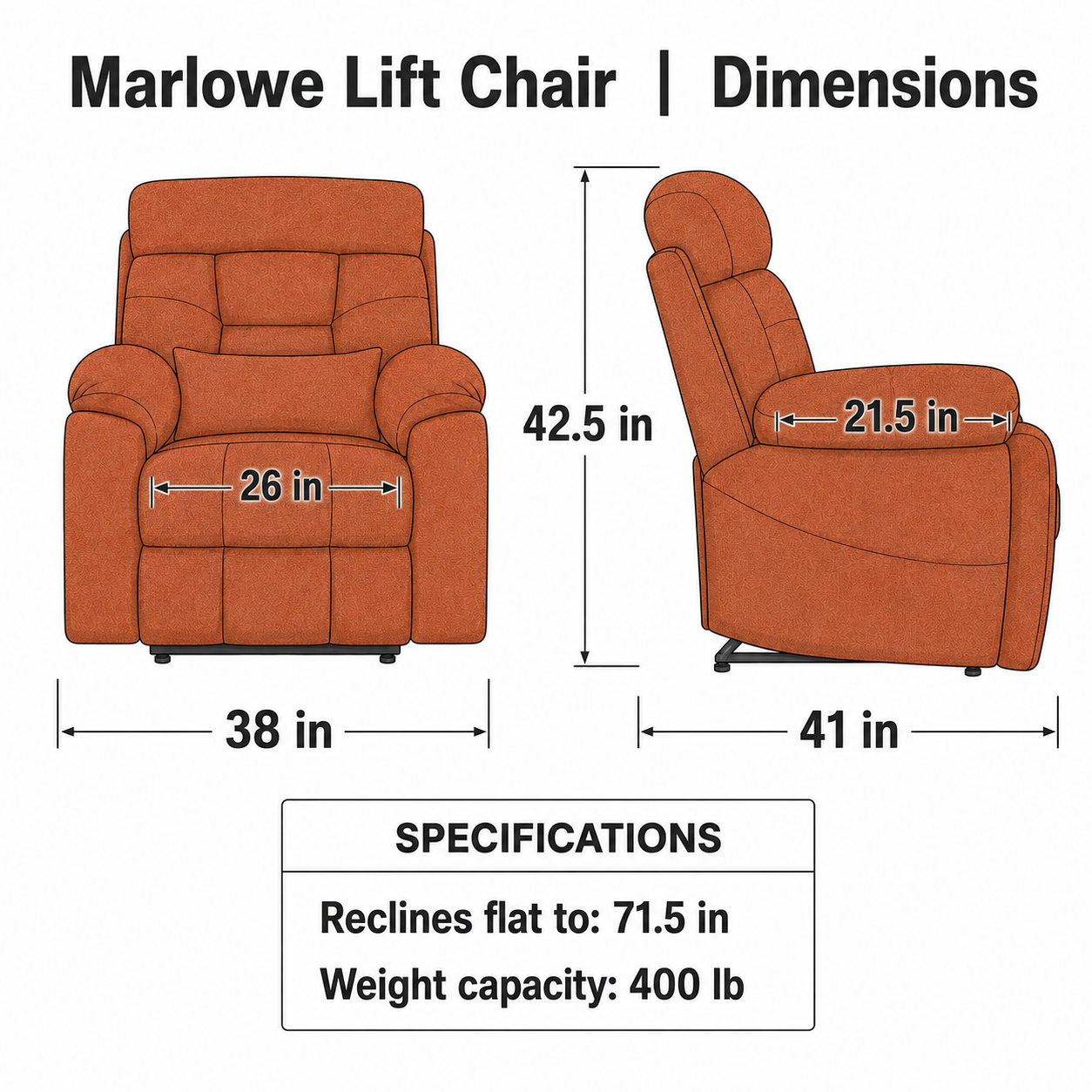 Lift chair dimensions diagram — full size view for Marlowe Lift Chair - Grey